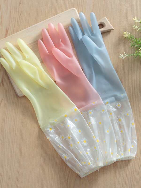 1pair Daisy Pattern Random Color Household Glove,Long Sleeve Rubber Gloves, Reusable Dishwashing Gloves, Kitchen Oven Pet Cleaning Gloves,Kitchen,Bathroom,Home,Household Suppliers Multicolor