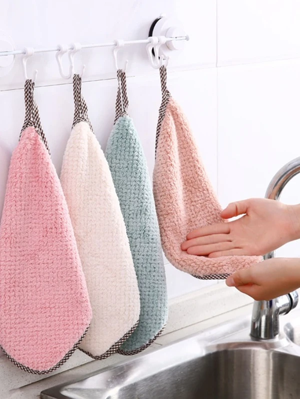 5pcs Hangable Coral Fleece Dish Cloth, Kitchen Household Absorbent Dish Towel, Scouring Rag, Hand Wipe Towel, Cleaning Cloth For Small Business Owners/Retailers,Kitchen,Bathroom,Home,Household Suppliers Multicolor