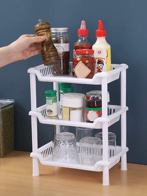 1pc Plastic Kitchen Storage Rack, 3 Layer Storage Rack For Kitchen White