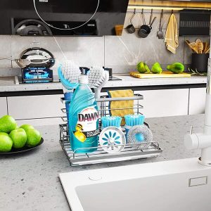 Sink Caddy Kitchen Sink Organizer, Large Capacity Sink Sponge Caddy with Pull-Out Drainage Tray Rustproof Kitchen Sponge Holder with Detachable Basket for Sponge and Brush Silver