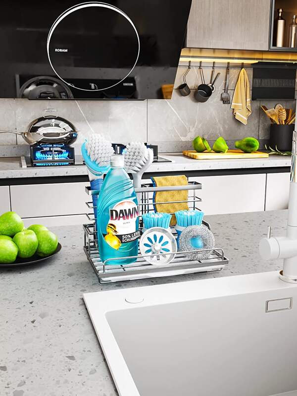 Sink Caddy Kitchen Sink Organizer, Large Capacity Sink Sponge Caddy with Pull-Out Drainage Tray Rustproof Kitchen Sponge Holder with Detachable Basket for Sponge and Brush Silver