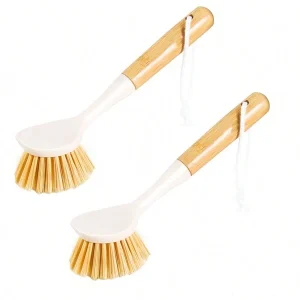 2 Pack Kitchen Dish Brushes With Bamboo Handle, Dish Scrubber Built-In Scraper, Scrub Brush For Pans, Pots, Counter & Kitchen Sink Cleaning, Dishwashing And Cleaning, Perfect Cleaning Tools, White Multicolor