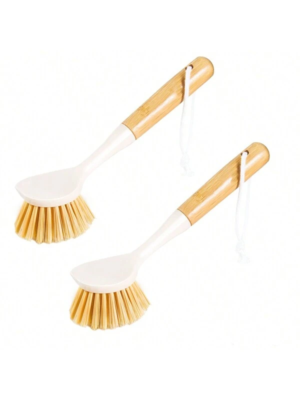 2 Pack Kitchen Dish Brushes With Bamboo Handle, Dish Scrubber Built-In Scraper, Scrub Brush For Pans, Pots, Counter & Kitchen Sink Cleaning, Dishwashing And Cleaning, Perfect Cleaning Tools, White Multicolor