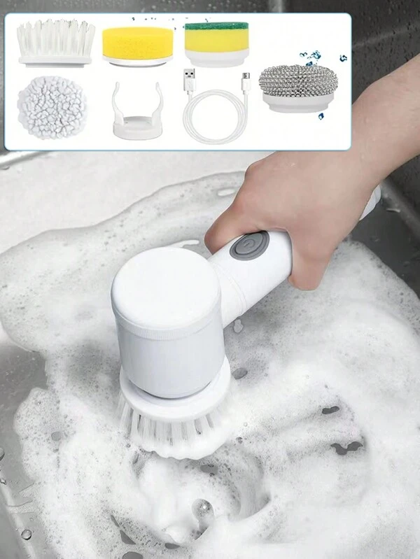 FoBianJie 1 Set, Electric Spin Scrubber With 5 Replaceable Brush Head Set/ Only 5Replacement Brush Heads, Power Cordless Kitchen Scrubber, HandheldRechargeable Shower Scrubber For Bathroom, Kitchen, Bathtub, Tile,Shower Back To School Supplies,Kitchen,Bathroom,Home,Household Suppliers Multicolor