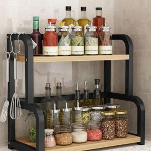 1 Pc Kitchen Seasoning Rack With 2 Layers, Household Kitchen Storage Rack, Countertop Seasoning And Spice Storage Rack Black Frame + Light Walnut Board