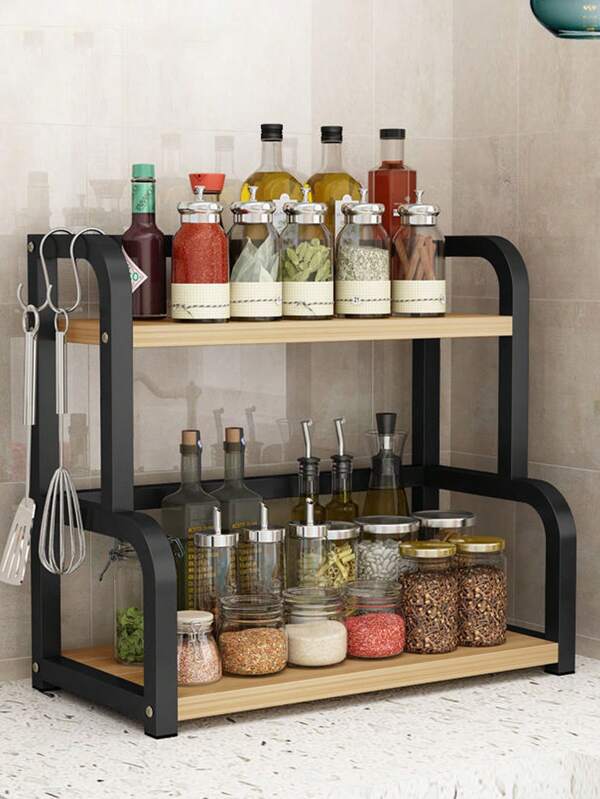 1 Pc Kitchen Seasoning Rack With 2 Layers, Household Kitchen Storage Rack, Countertop Seasoning And Spice Storage Rack Black Frame + Light Walnut Board