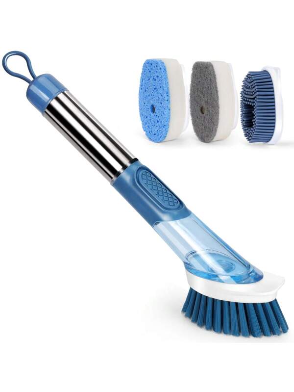 1Pcs,Multifunctional Kitchen Cleaning Brush, Dish Scrubber Dishwashing Stick With 2 Brush Heads And 2 Non-Scratch Sponge Refills, Kitchen Brush With Soap Dispenser, Dishwashing Cleaning Brush For Kitchen Sink Pots And Pans, Blue Blue