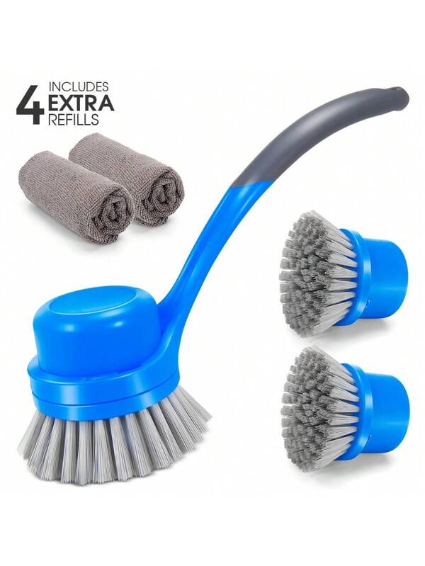 Dish Brush With Handle, 2 Pack Dish Cleaning Brushes With Built-In Scraper, Kitchen Scrub Brush For Cleaning Dishes, Pots, Pans And Sink, Dish Washing Tools Blue