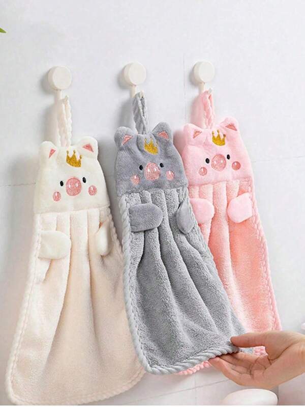 1pc Cute Pig Shaped Hanging Hand Towel, Kitchen Cleaning Cloth, Slouchy Wiping Towel, Plain Color Kids Handkerchief For Household Use Multicolor