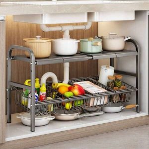 1 Set Multi-Use Kitchen Under Bathroom Sink Organizers - Expandable Cabinet Shelf Organizer Storage Rack With Removable Baskets Panels, Retractable Metal Shelf Holder Organizer For Kitchen Bathroom Toiletries Storage, Black Black