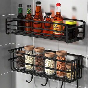 1pc, Stainless Steel Wall-Mounted Shelf, Kitchen Organizer, Condiment Bottle Storage, Kitchen Tools, Kitchen Supplies,,Kitchen Storage,Kitchen Organizer,Kitchen Organiser,Storage Items,Kitchen,Storage,Organizer,Organiser,Organization,Organizers,Drawer Organizer,Travel,Kitchen Items,Kitchen Utensils,Kitchen Tools,Kitchen Things. Black