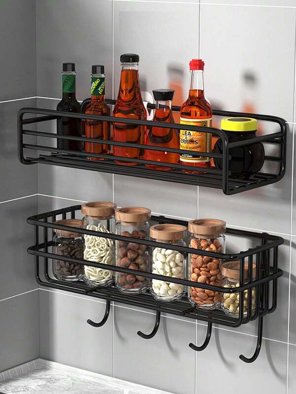 1pc, Stainless Steel Wall-Mounted Shelf, Kitchen Organizer, Condiment Bottle Storage, Kitchen Tools, Kitchen Supplies,,Kitchen Storage,Kitchen Organizer,Kitchen Organiser,Storage Items,Kitchen,Storage,Organizer,Organiser,Organization,Organizers,Drawer Organizer,Travel,Kitchen Items,Kitchen Utensils,Kitchen Tools,Kitchen Things. Black