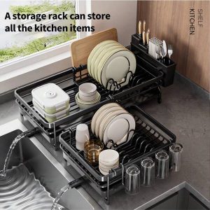 Large Dish Racks For Kitchen Sink - Extendable Dish Rack With Drainboard, Multifunctional Dish Rack For Kitchen Counter, Anti-Rust Drying Dish Rack With Cutlery & Cup Holders , Black Black