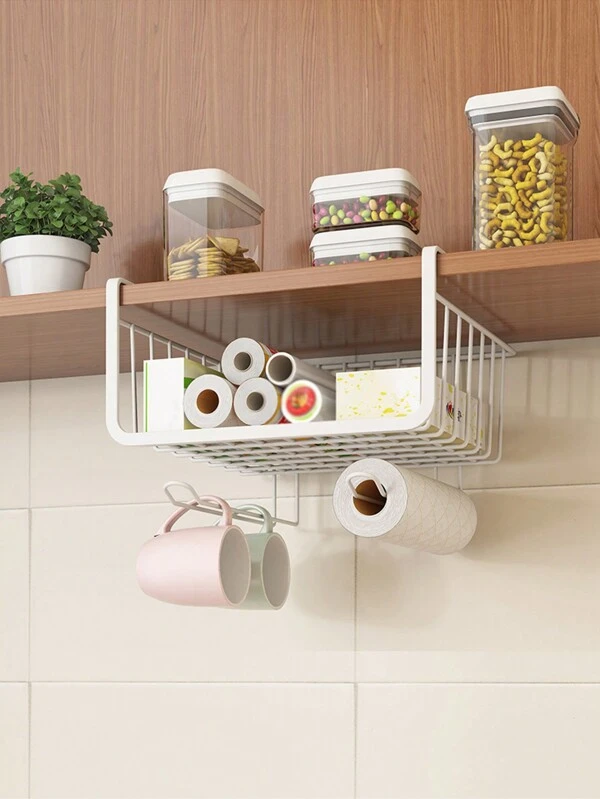 1pc Iron Storage Rack, Multifunction Punch-free Storage Rack For Kitchen White