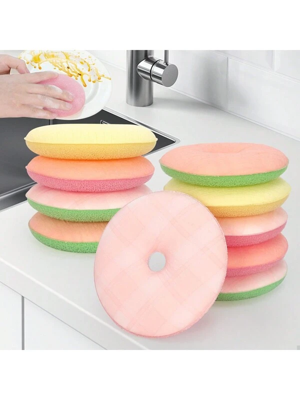 1/5/6/10/12pcs Donut-Shaped Sponge Cleaning Pads For Dishwashing, Non-Stick Oil Removal, Kitchen Use, Convenient Storage,Kitchen,Bathroom,Home,Household Supplies Random Color