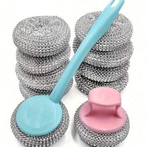 Stainless Steel Velvet Scrubber With Non-Slip Handle - Heavy Duty Metal Scrub Pad For Kitchen, Bathroom And Toilet, Manual Dishwasher With Replaceable Sponge Multicolor