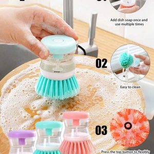 3/1pc Squeeze Handle Pot Brush, Flexible Pressurized Dish Brush With Soap Dispenser, Suitable For Kitchen, Restaurant, School Multicolor