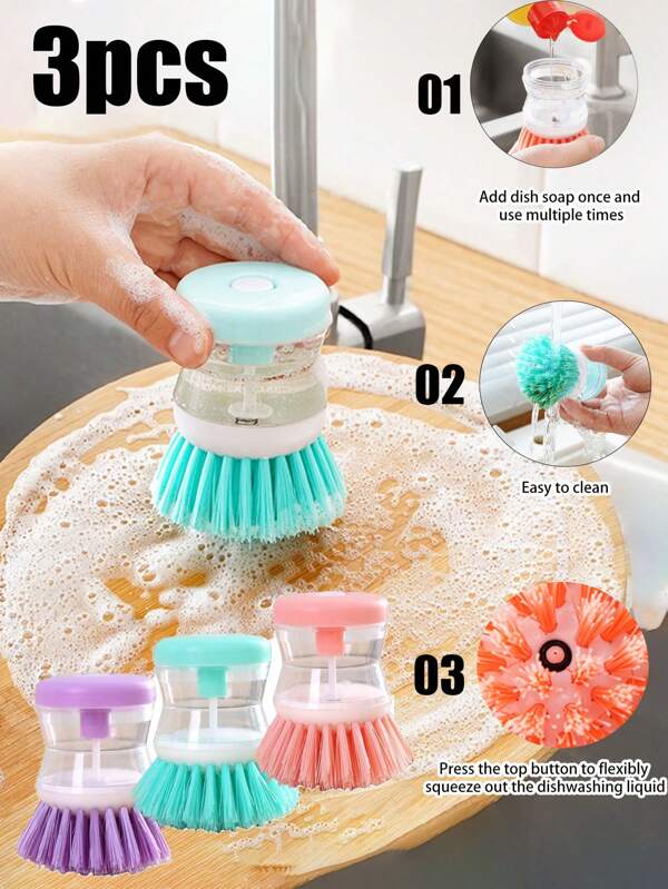 3/1pc Squeeze Handle Pot Brush, Flexible Pressurized Dish Brush With Soap Dispenser, Suitable For Kitchen, Restaurant, School Multicolor