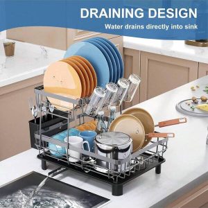 Dish Drying Rack Large Capacity 2 Tier Dish Drying Rack Multifunctional Rustproof Dish Drainers For Kitchen Counter With Drainboard Leak-Proof Spout,Large Utensil Holder, Cup Holder Grey