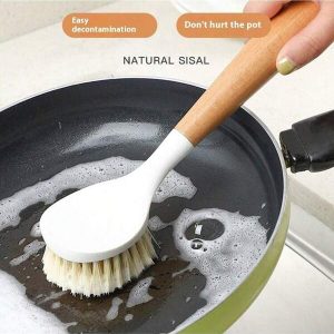 Multi-Functional Kitchen Pot Brush - Wooden Long Handle Cleaning Brush For Pot, Pan, Dish, Tableware, Home Cleaning Tools Yellow