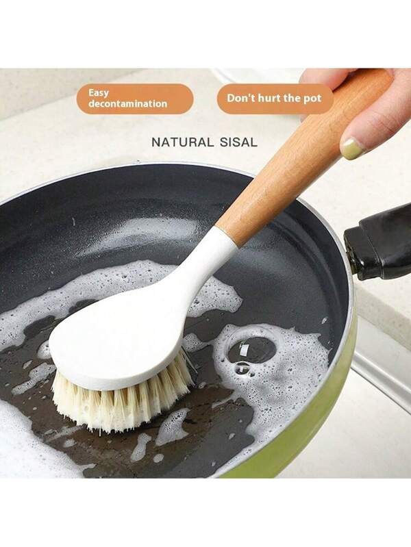 Multi-Functional Kitchen Pot Brush - Wooden Long Handle Cleaning Brush For Pot, Pan, Dish, Tableware, Home Cleaning Tools Yellow