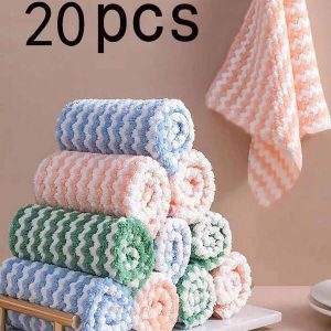 20pcs Household Wave Pattern Dishwashing Cloth, Thickened Coral Fleece Non-Stick Oil Slouchy Cleaning Cloth Kitchen Dishcloth, Single Random Design Multicolor