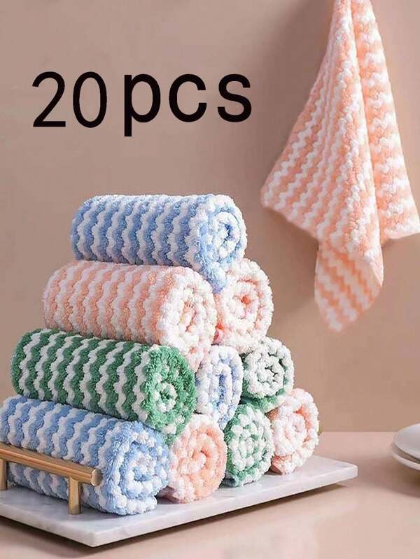 20pcs Household Wave Pattern Dishwashing Cloth, Thickened Coral Fleece Non-Stick Oil Slouchy Cleaning Cloth Kitchen Dishcloth, Single Random Design Multicolor