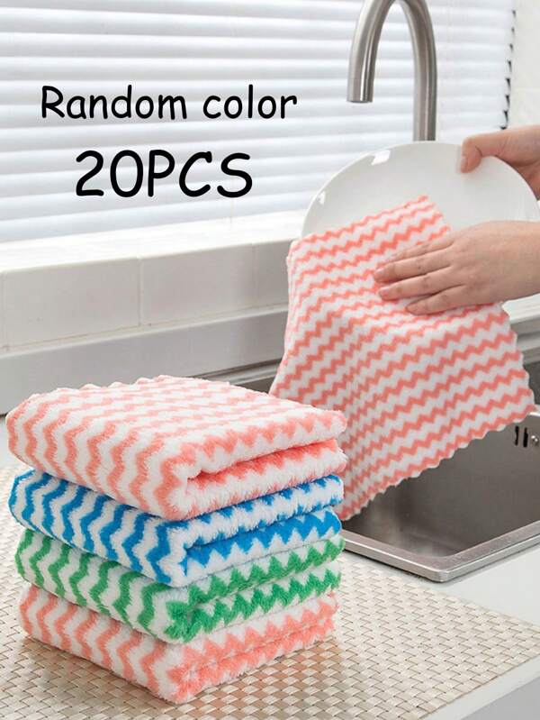 20pcs/Pack Household Wavy Dishcloths, Thickened Coral Fleece, Non-Stick Oil, Slouchy Cleaning Cloth, Kitchen Dishwashing Rags, Random Single Style Multicolor