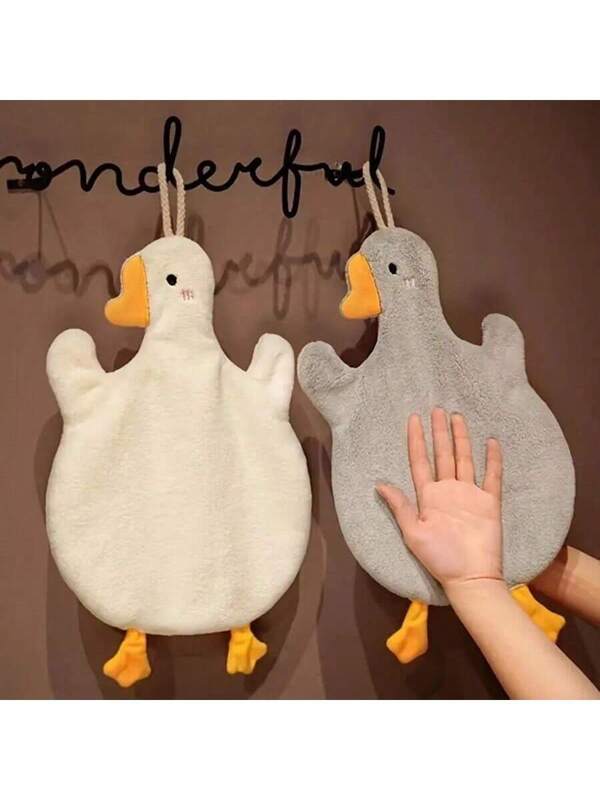 1pc Cartoon Goose Hand Towel, Fast-Drying Coral Fleece Towel With Strong Water Absorption, Suitable For Hanging In Kitchen, Bathroom, And Bedroom (Gray) Light Grey